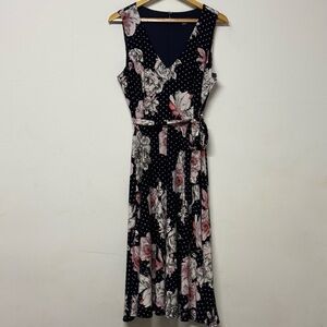 Lauren Ralph Lauren Sleeveless Floral Polka Dot Print Dress Tie Waist 10